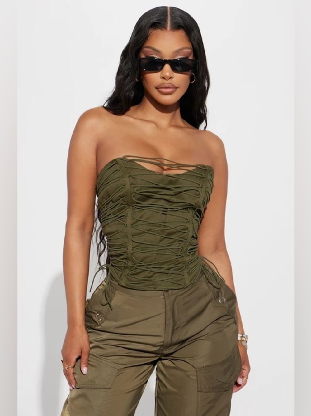 Ruched Strapless Corset Wide-Leg Jumpsuit — Olive